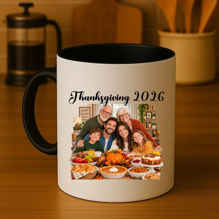 Personalized Thanksgiving Family Portrait – Custom Family Photo Fall Holiday Design Mug - Front 3