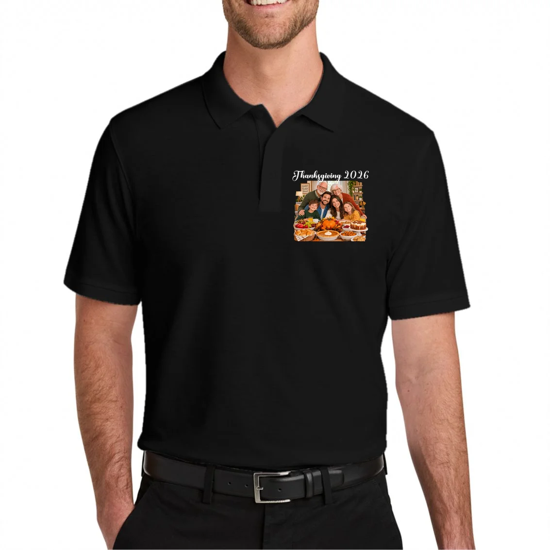 Personalized Thanksgiving Family Portrait – Custom Family Photo Fall Holiday Design Men's Polo - Front 1