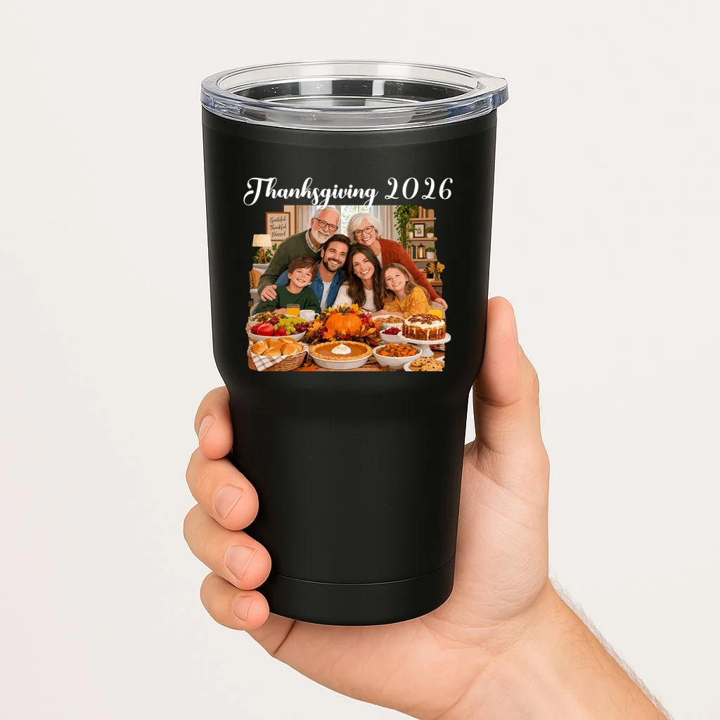Personalized Thanksgiving Family Portrait – Custom Family Photo Fall Holiday Design 20oz Tumbler - Front 1
