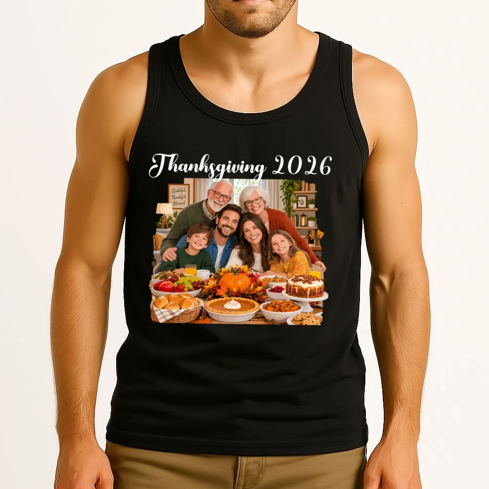 Personalized Thanksgiving Family Portrait – Custom Family Photo Fall Holiday Design Men's Tank Top - Front 2