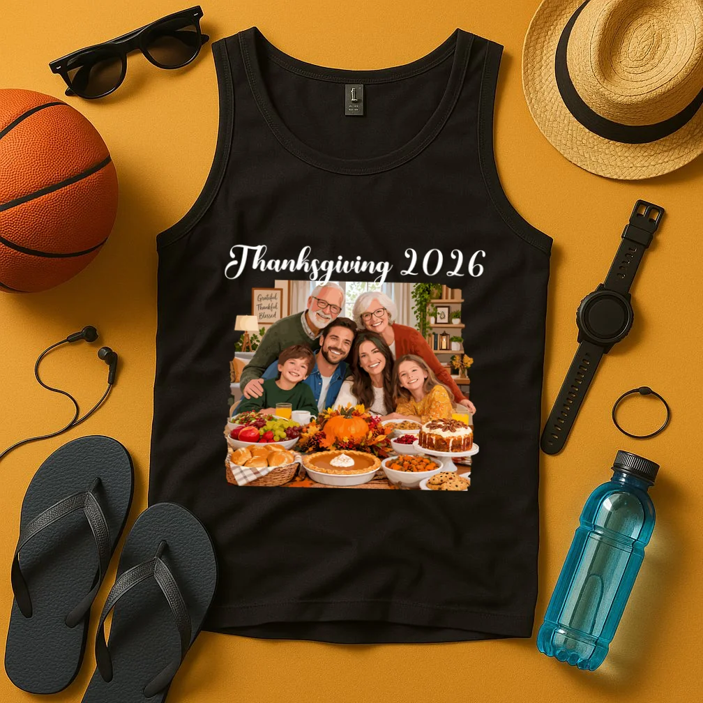 Personalized Thanksgiving Family Portrait – Custom Family Photo Fall Holiday Design Men's Tank Top - Front 3