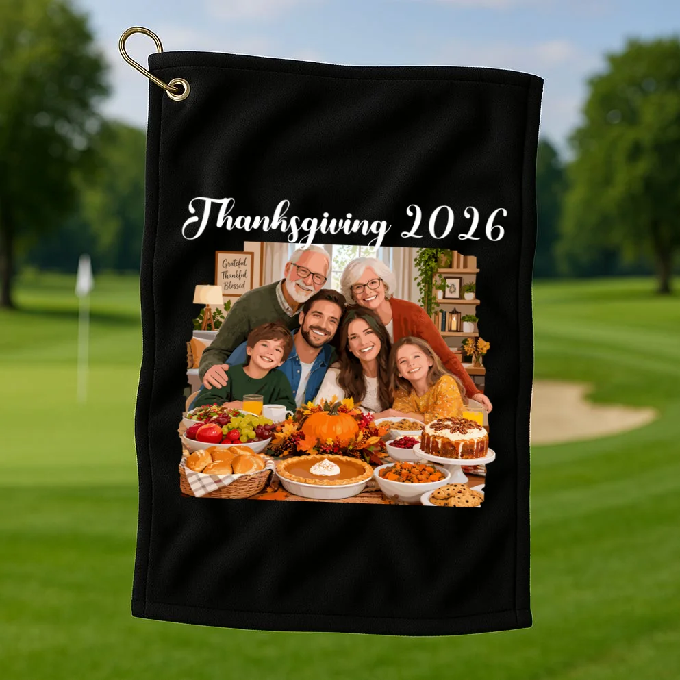 Personalized Thanksgiving Family Portrait – Custom Family Photo Fall Holiday Design Golf Towel - Front 1