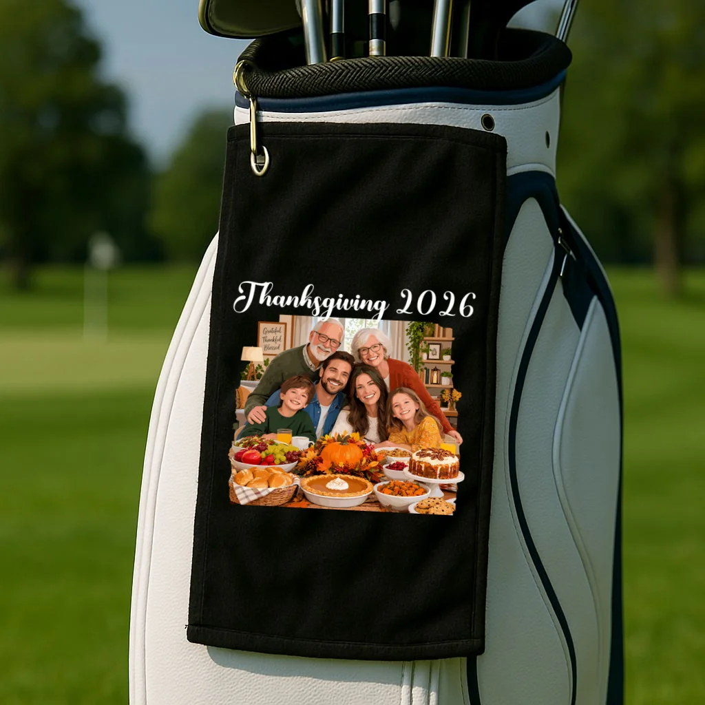 Personalized Thanksgiving Family Portrait – Custom Family Photo Fall Holiday Design Golf Towel - Front 2