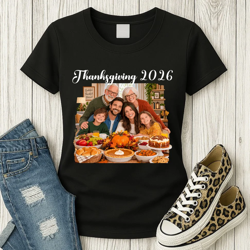 Personalized Thanksgiving Family Portrait – Custom Family Photo Fall Holiday Design Women's T-Shirt - Front 2