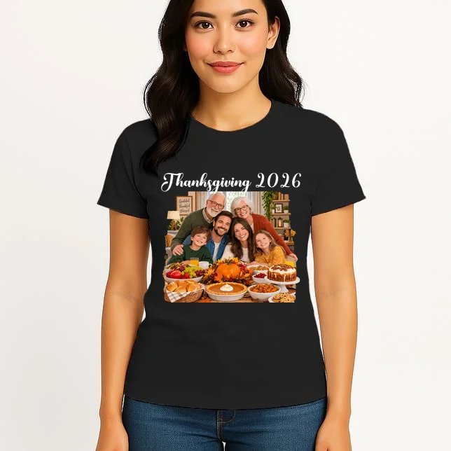Personalized Thanksgiving Family Portrait – Custom Family Photo Fall Holiday Design Women's T-Shirt - Front 3