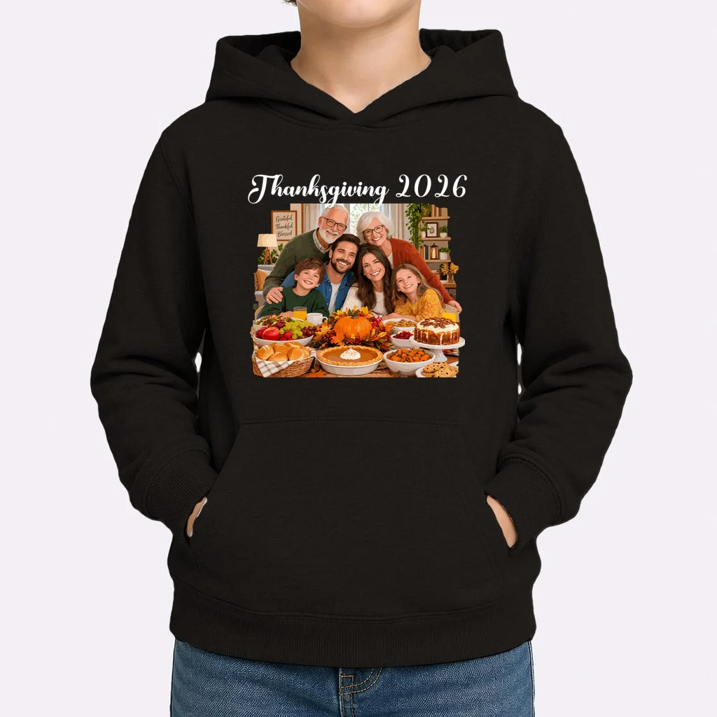 Personalized Thanksgiving Family Portrait – Custom Family Photo Fall Holiday Design Kids Hoodie - Front 1