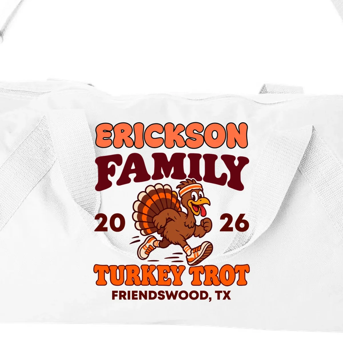 Personalized Turkey Trot Family Name Duffel Bag - Front - Close-up