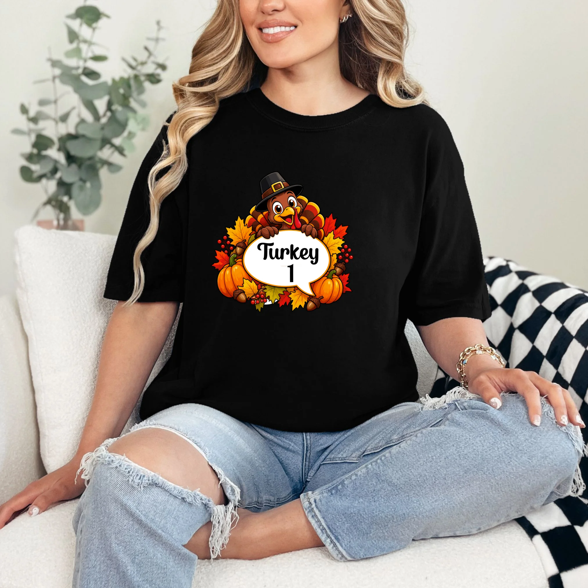 Personalized Thanksgiving Turkey Shirt – Custom Name Fall Design Comfort Colors Unisex T-Shirt - Front 1