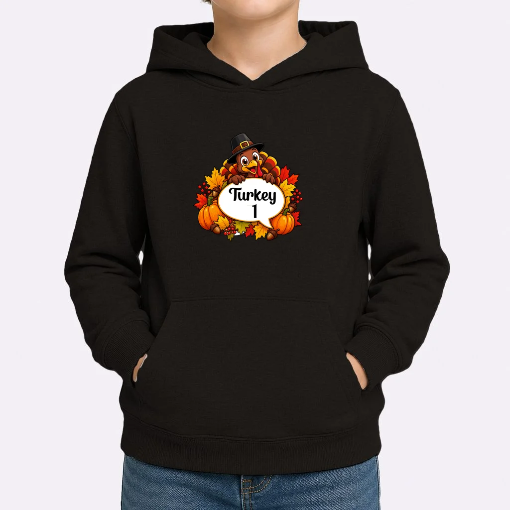 Personalized Thanksgiving Turkey Shirt – Custom Name Fall Design Kids Hoodie - Front 1
