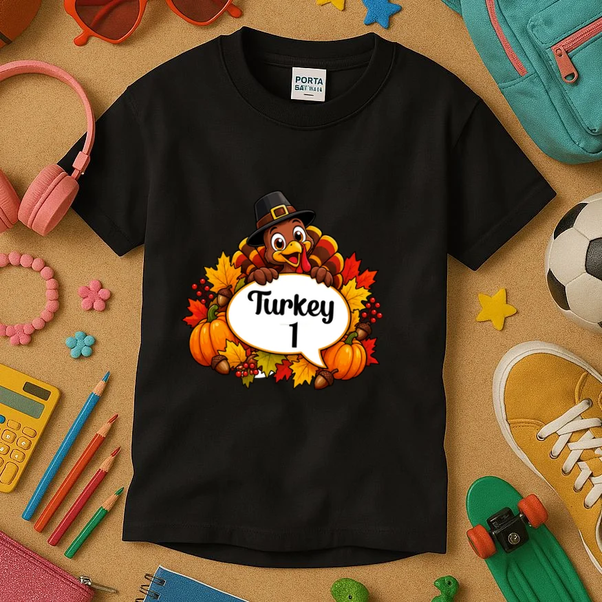 Personalized Thanksgiving Turkey Shirt – Custom Name Fall Design Kids T-Shirt - Front 2