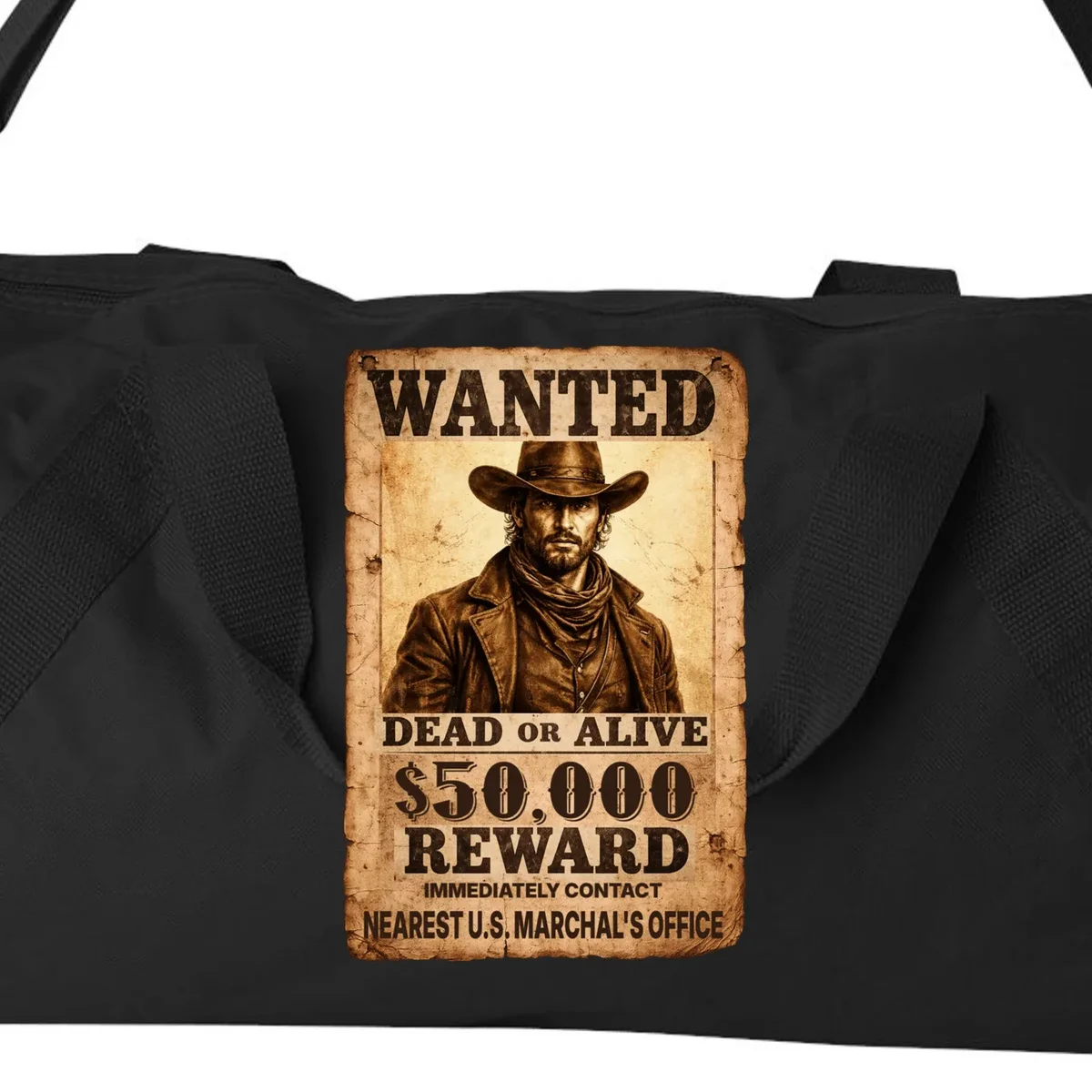 Personalized Wanted Poster Custom Text Duffel Bag - Front - Close-up