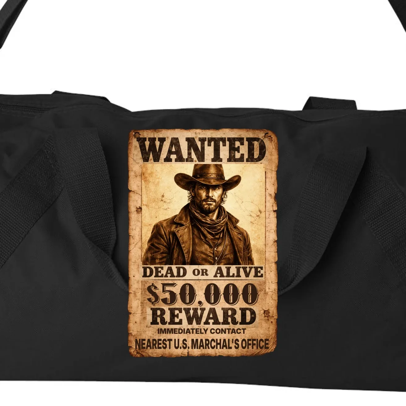 Personalized Wanted Poster Custom Text Duffel Bag - Front - Close-up
