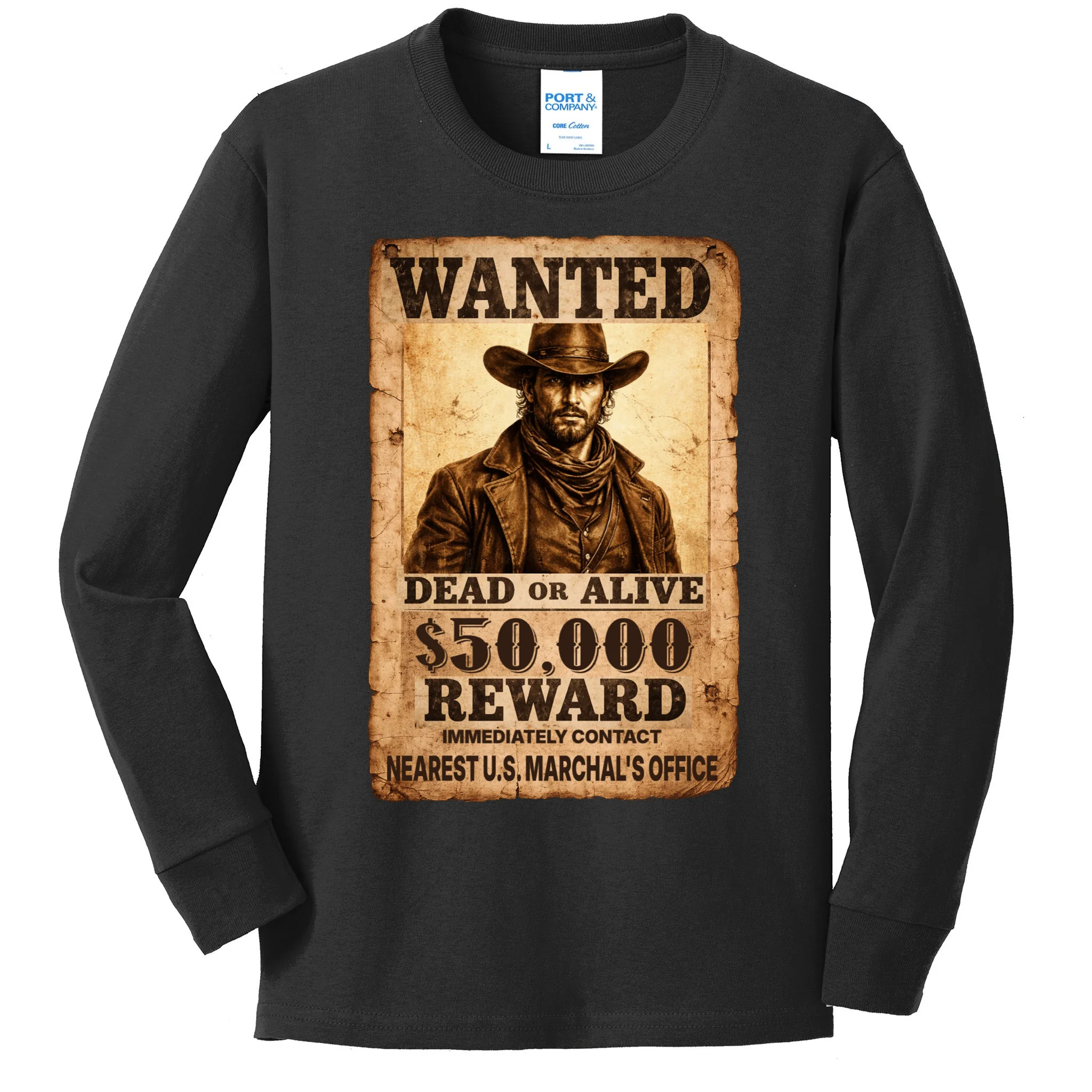 Personalized Wanted Poster Custom Text Kids Long Sleeve Shirt - Front
