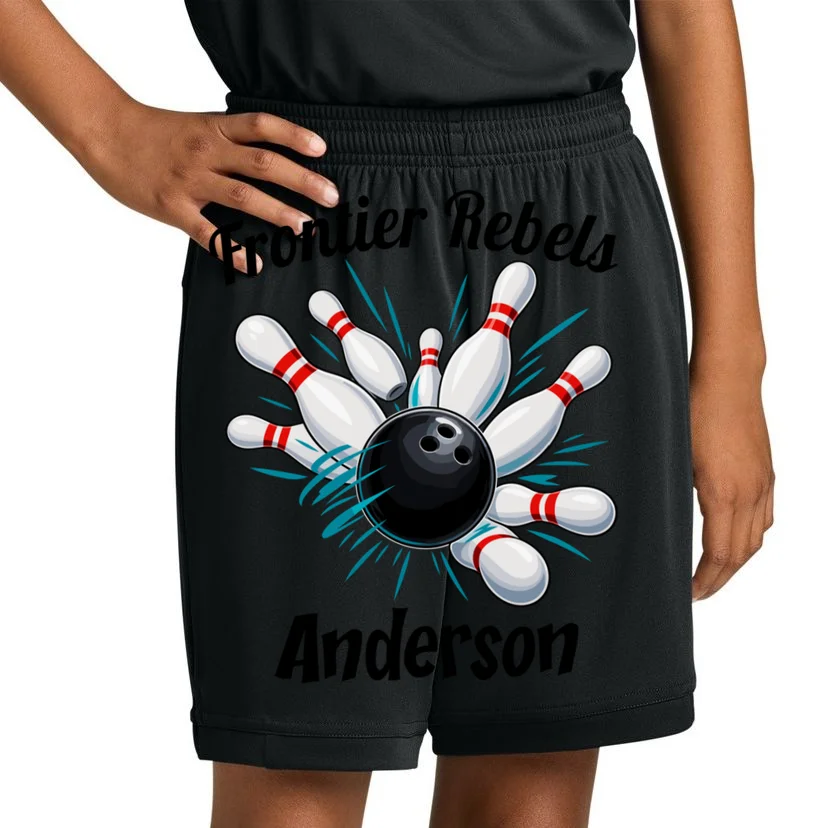 Flying Pins Strike Action - Custom Bowling Team & Player Name Kids Shorts - Front 1