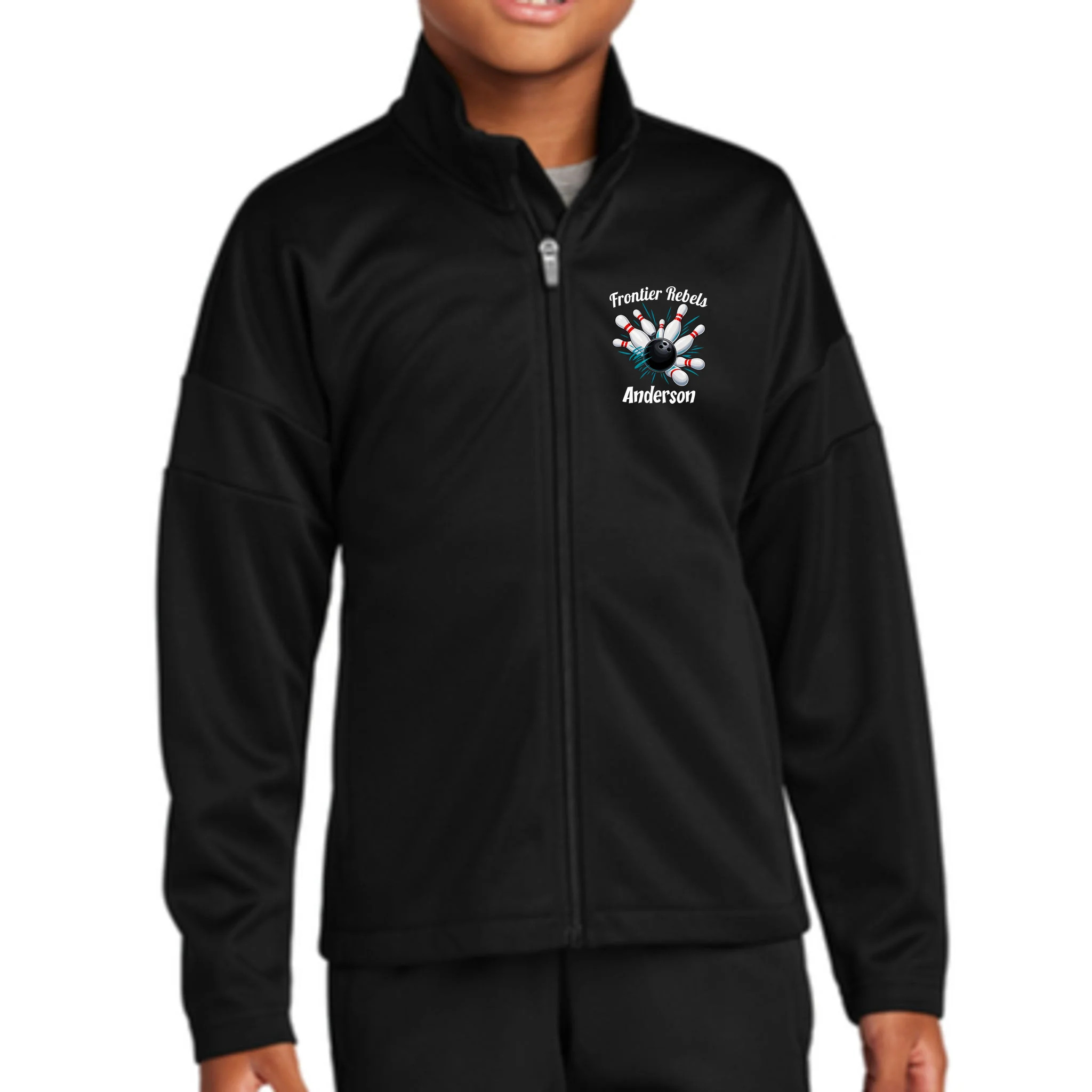 Flying Pins Strike Action - Custom Bowling Team & Player Name Kids Jacket - Front