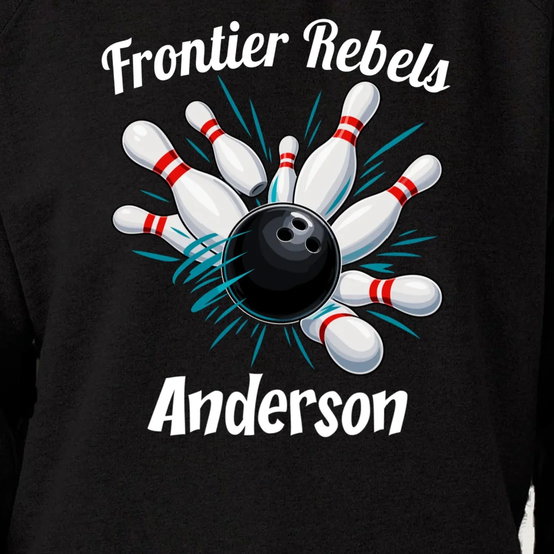 Flying Pins Strike Action - Custom Bowling Team & Player Name Women's Sweatshirt - Front - Close-up