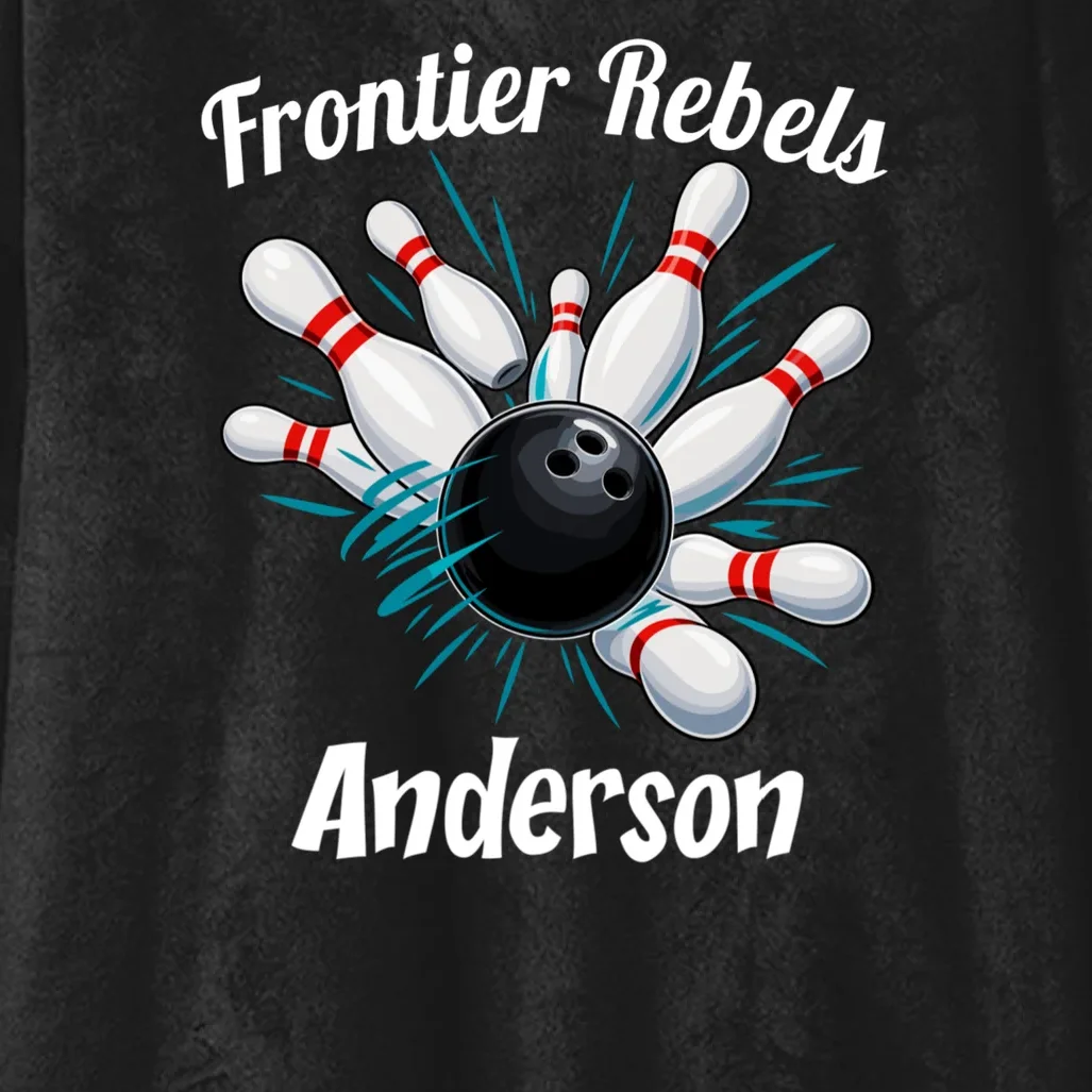 Flying Pins Strike Action - Custom Bowling Team & Player Name Hooded Blanket - Front - Close-up