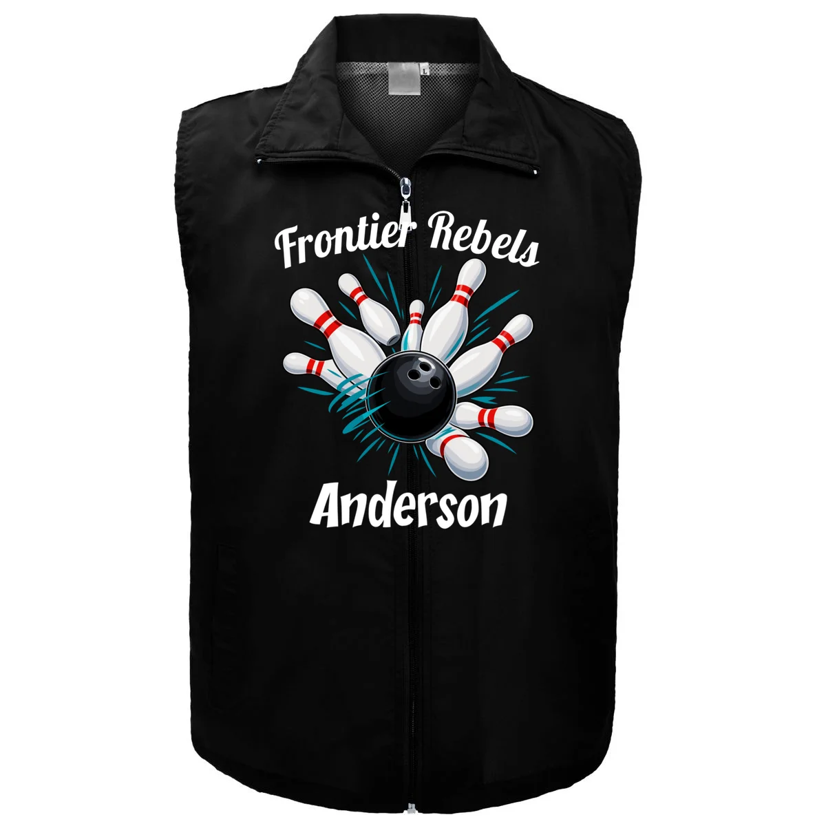 Flying Pins Strike Action - Custom Bowling Team & Player Name Men's Vest - Front