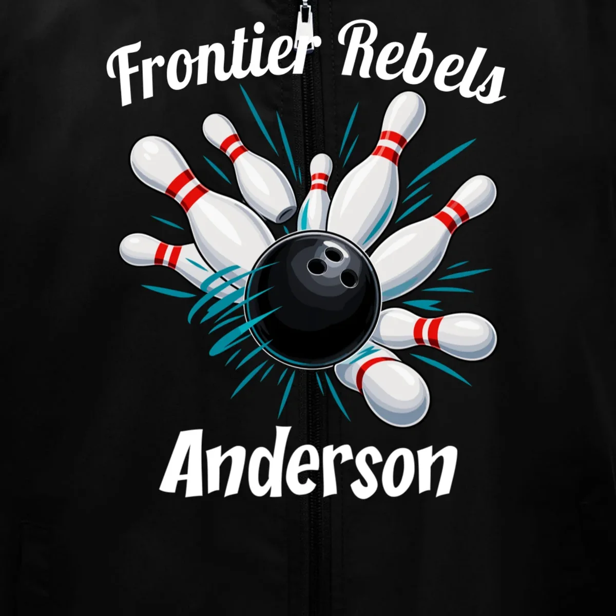 Flying Pins Strike Action - Custom Bowling Team & Player Name Men's Vest - Front - Close-up
