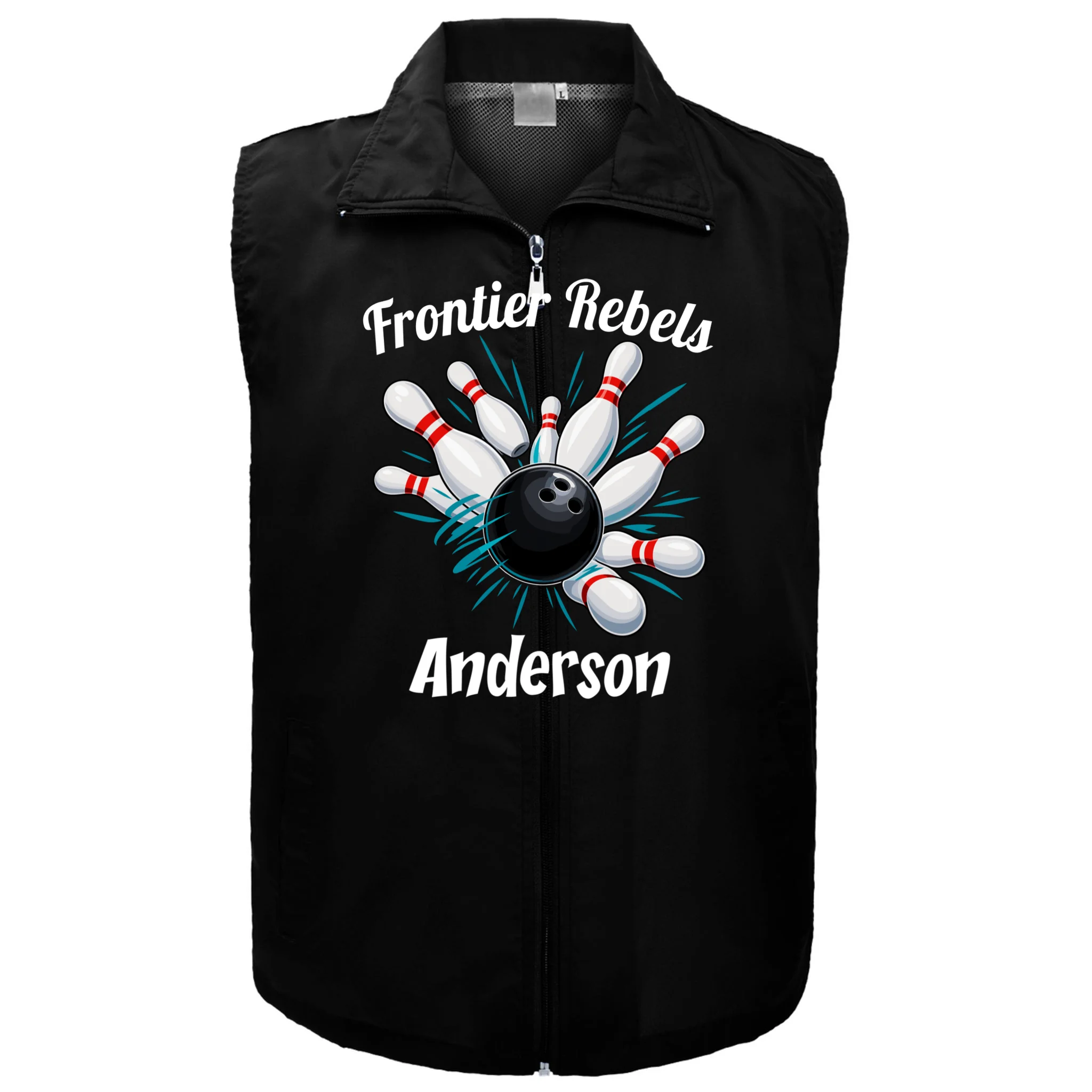 Flying Pins Strike Action - Custom Bowling Team & Player Name Men's Vest - Front