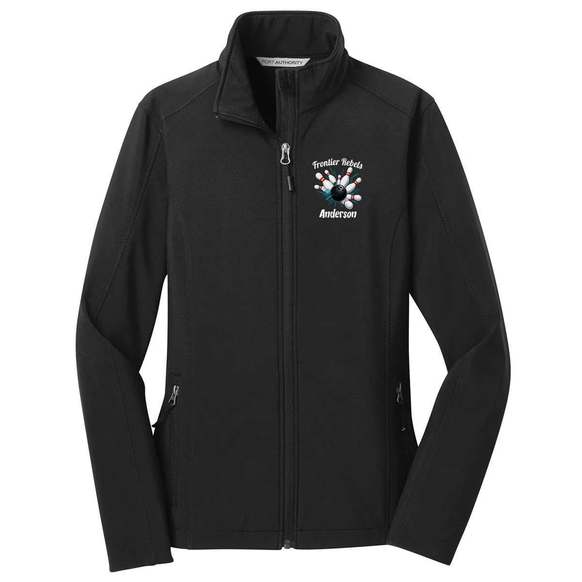 Flying Pins Strike Action - Custom Bowling Team & Player Name Women's Soft Jacket - Front