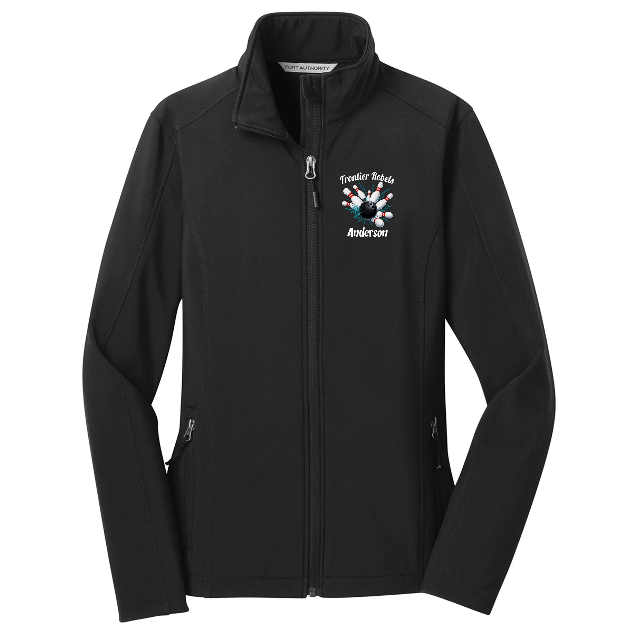 Flying Pins Strike Action - Custom Bowling Team & Player Name Women's Soft Jacket - Front
