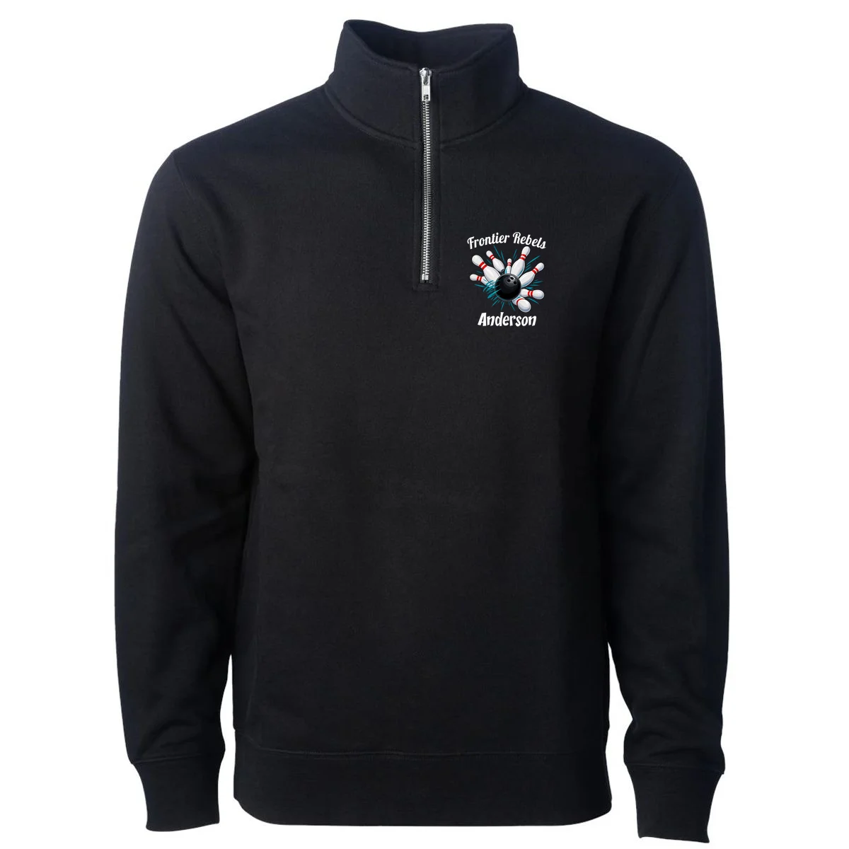 Flying Pins Strike Action - Custom Bowling Team & Player Name Men's Pullover Quarter Zip - Front