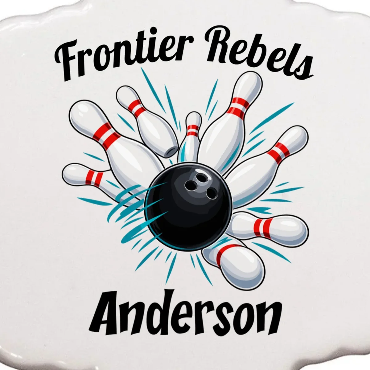 Flying Pins Strike Action - Custom Bowling Team & Player Name Ornament - Front - Close-up