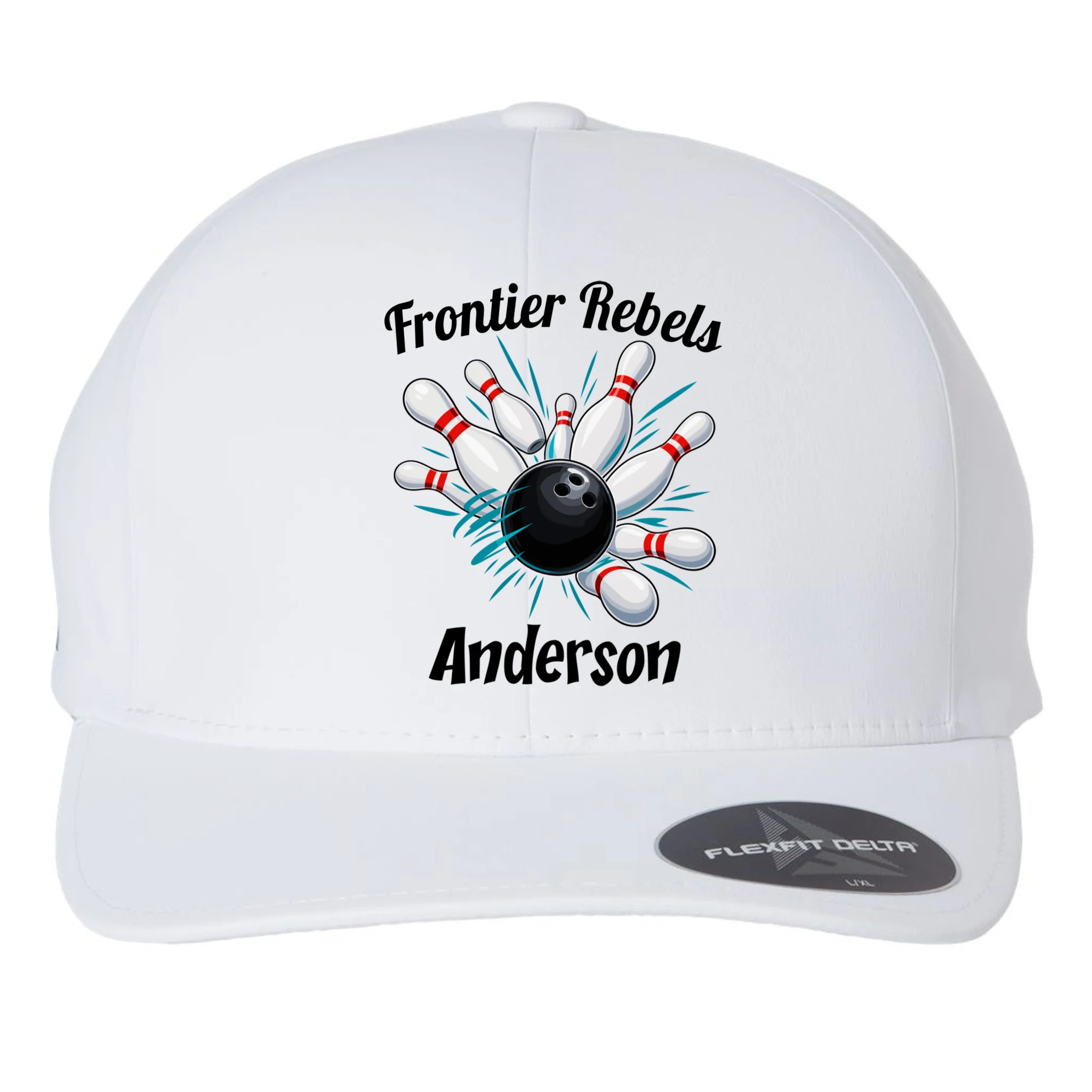 Flying Pins Strike Action - Custom Bowling Team & Player Name Flexfit Men's Snapback Hat - Front