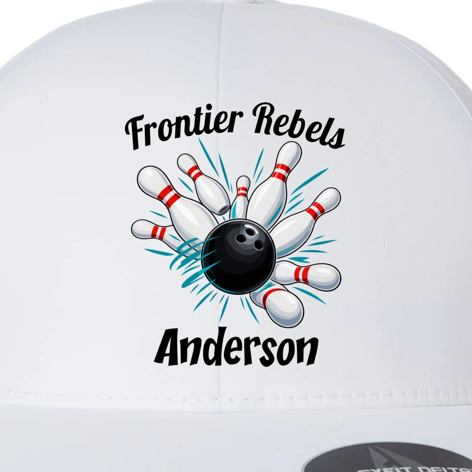 Flying Pins Strike Action - Custom Bowling Team & Player Name Flexfit Men's Snapback Hat - Front - Close-up