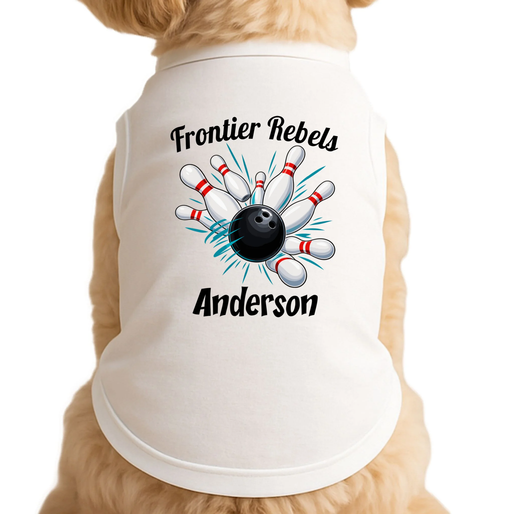 Flying Pins Strike Action - Custom Bowling Team & Player Name Doggie Tank - Front