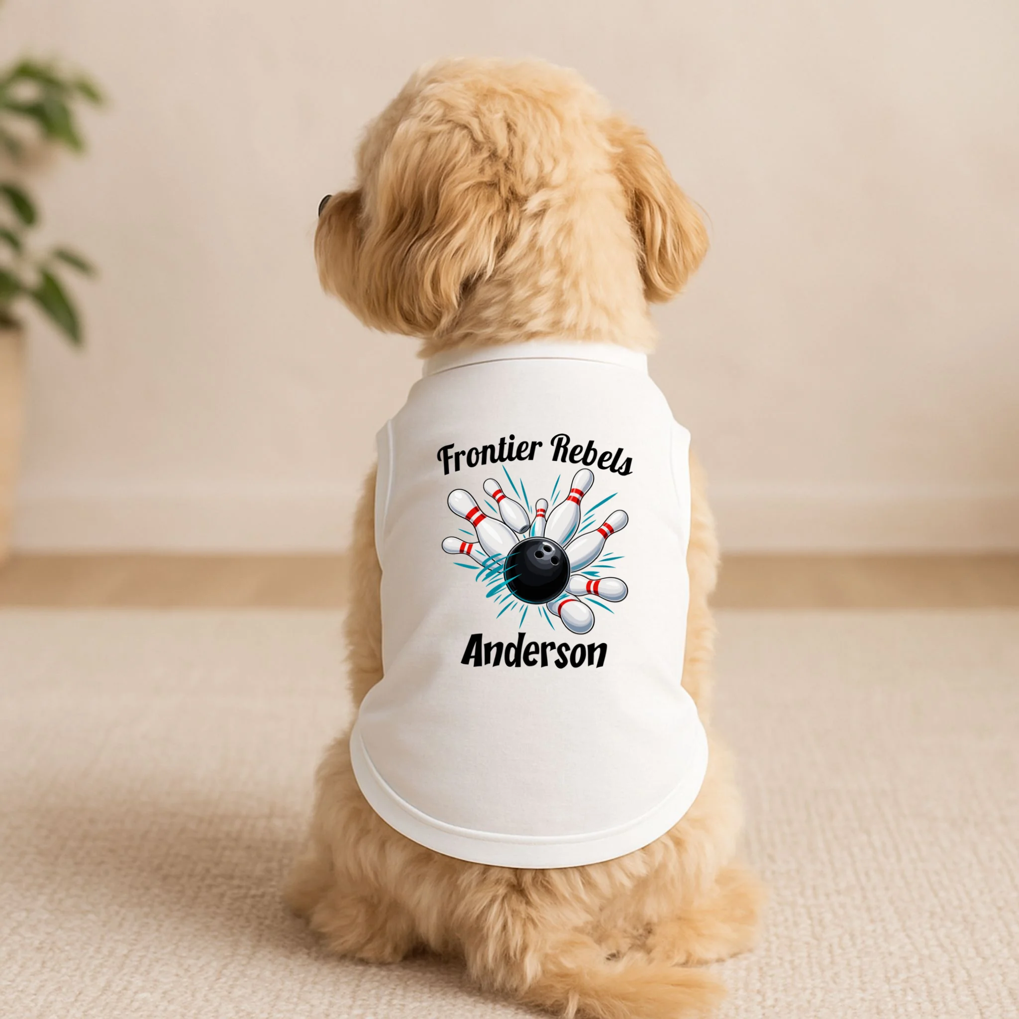 Flying Pins Strike Action - Custom Bowling Team & Player Name Doggie Tank - Front 1