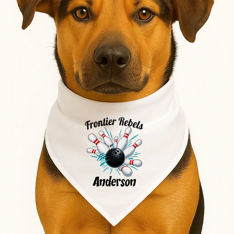 Flying Pins Strike Action - Custom Bowling Team & Player Name Dog Bandana - Front 1