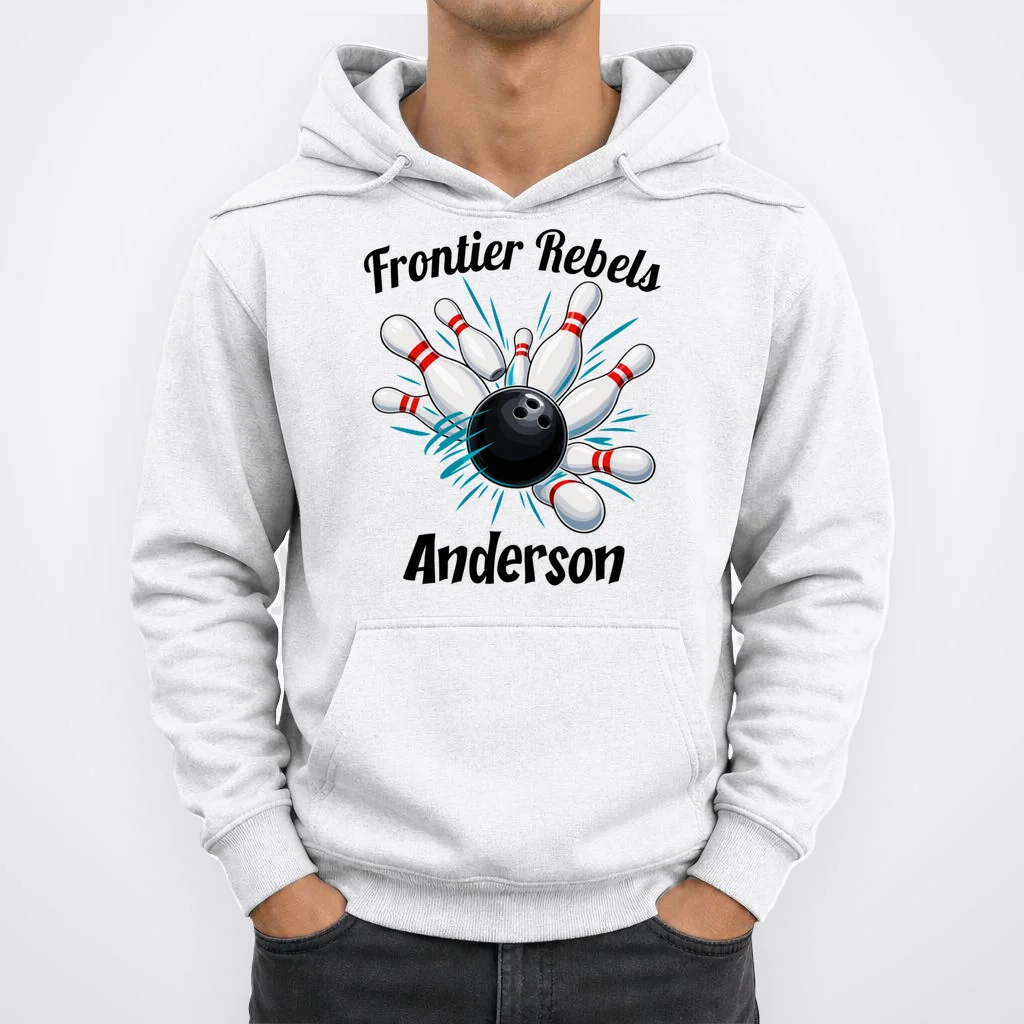 Flying Pins Strike Action - Custom Bowling Team & Player Name Men's Hoodie - Front 1