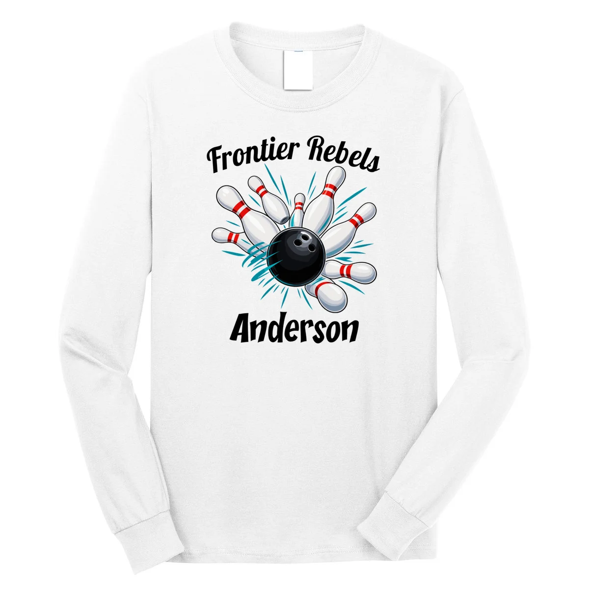 Flying Pins Strike Action - Custom Bowling Team & Player Name Men's Long Sleeve Shirt - Front