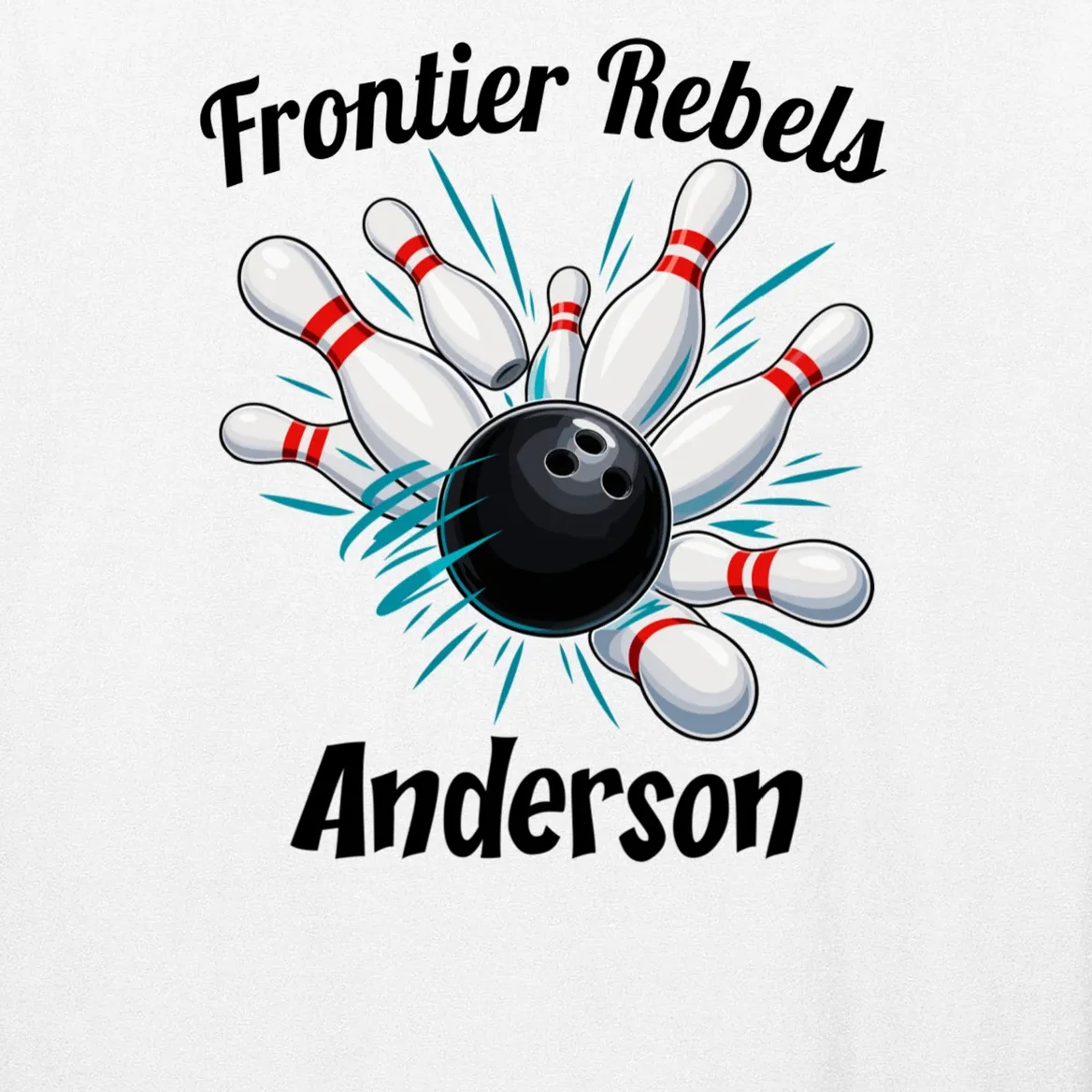 Flying Pins Strike Action - Custom Bowling Team & Player Name Men's Long Sleeve Shirt - Front - Close-up