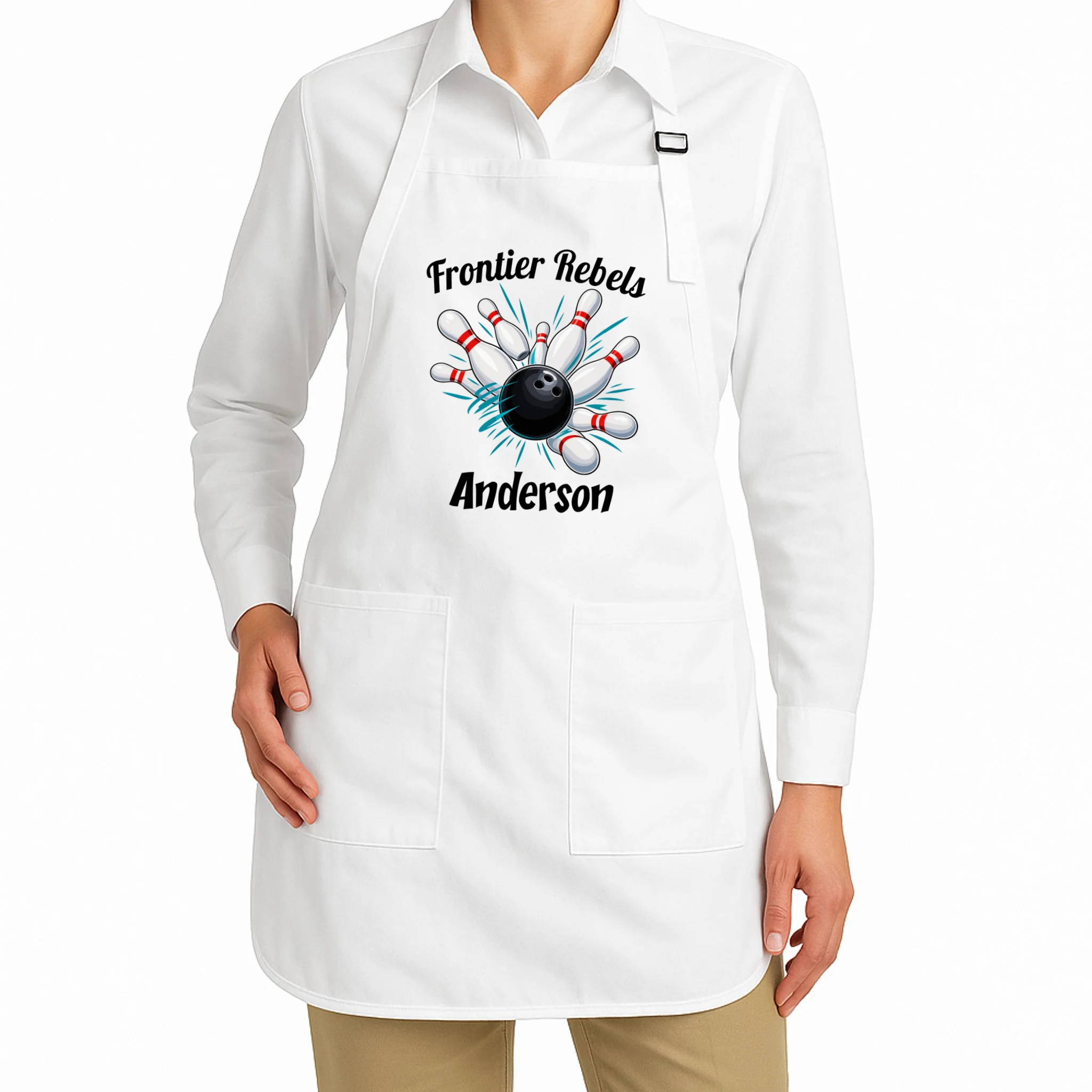 Flying Pins Strike Action - Custom Bowling Team & Player Name Apron - Front 1