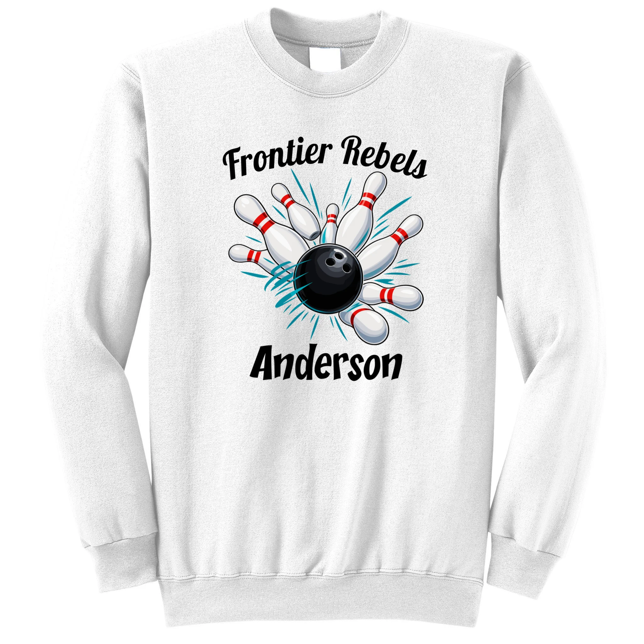 Flying Pins Strike Action - Custom Bowling Team & Player Name Men's Sweatshirt - Front