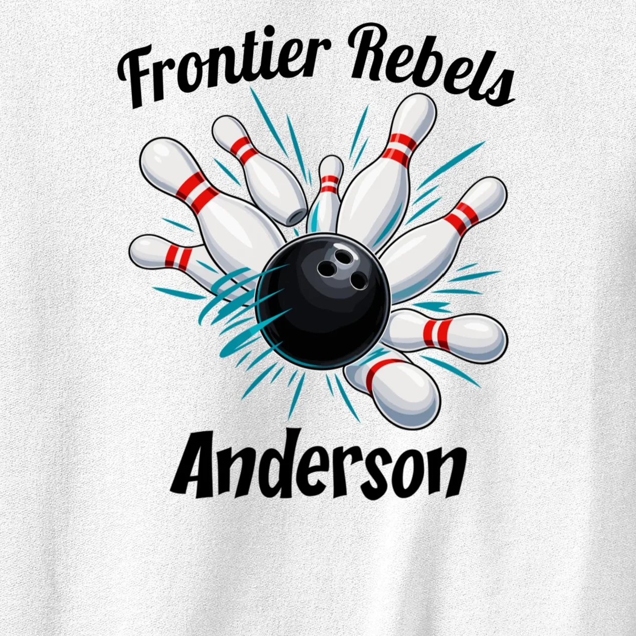 Flying Pins Strike Action - Custom Bowling Team & Player Name Men's Sweatshirt - Front - Close-up