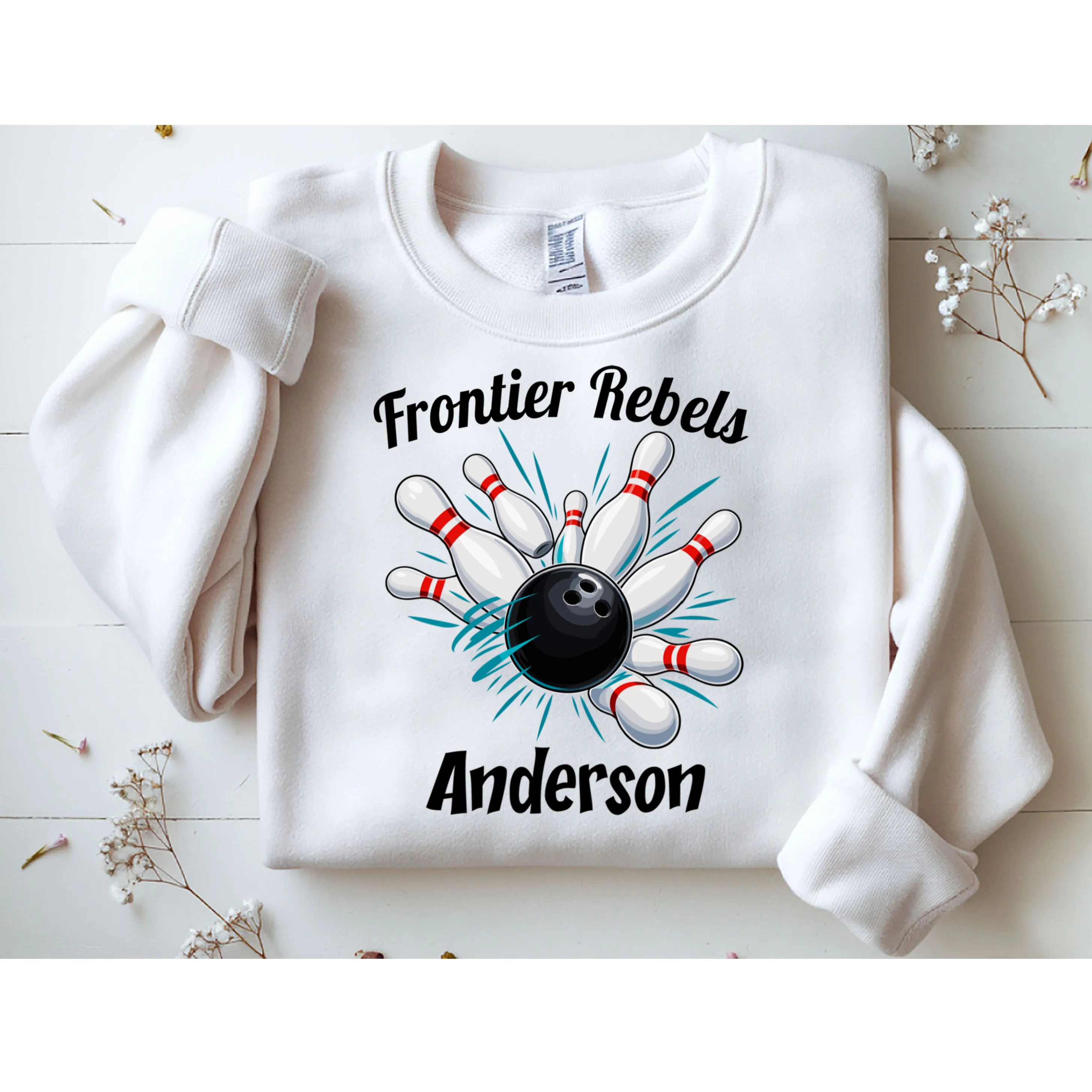 Flying Pins Strike Action - Custom Bowling Team & Player Name Men's Sweatshirt - Front 1