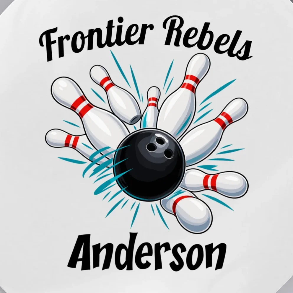 Flying Pins Strike Action - Custom Bowling Team & Player Name Button - Front - Close-up