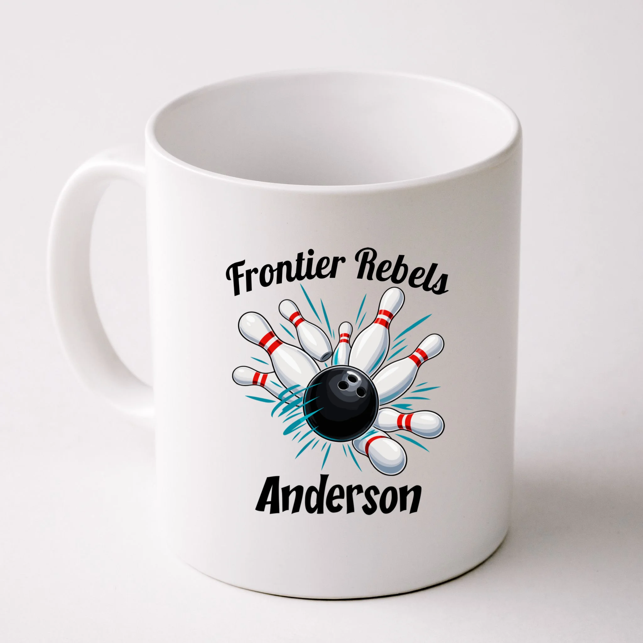 Flying Pins Strike Action - Custom Bowling Team & Player Name Mug - Front