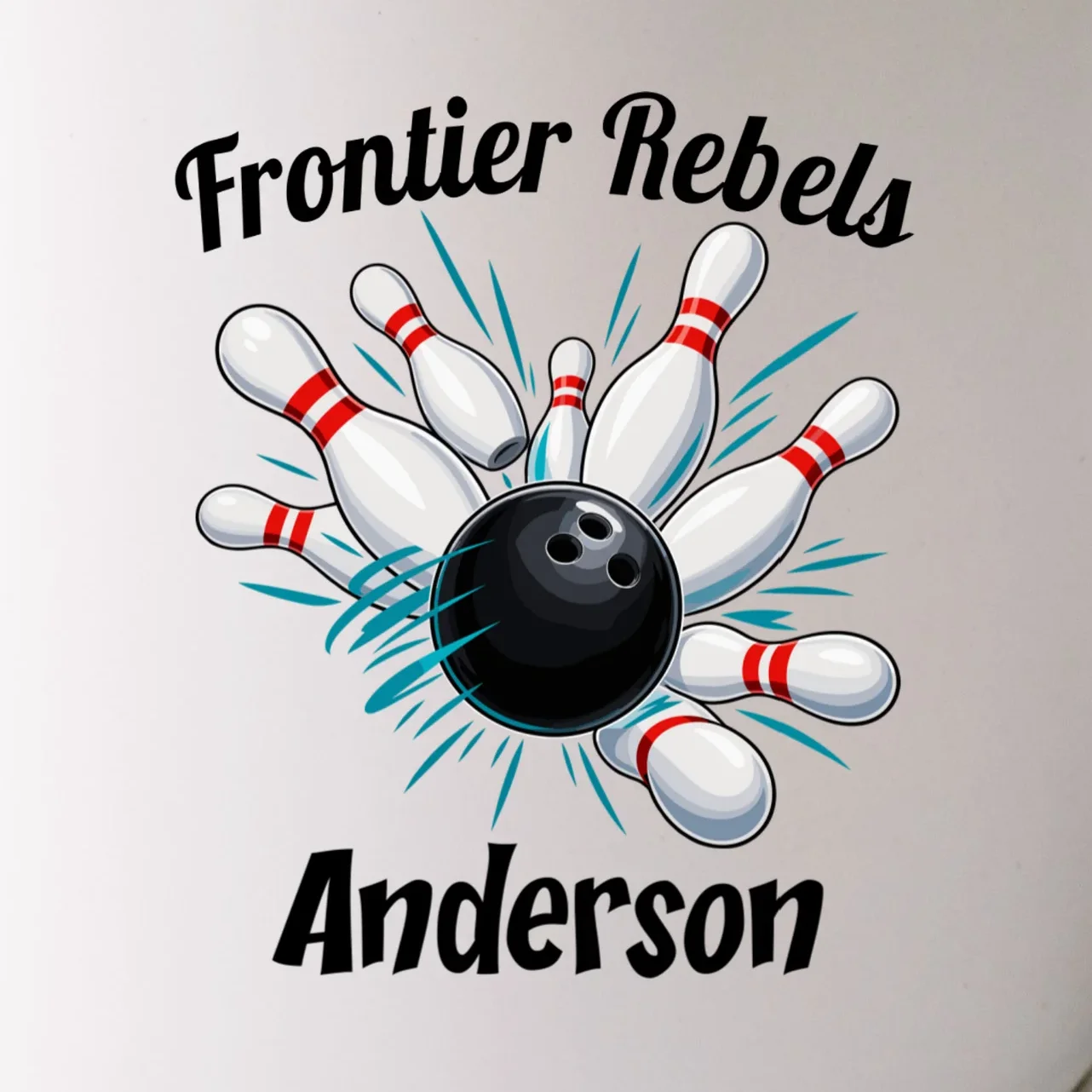 Flying Pins Strike Action - Custom Bowling Team & Player Name Mug - Front - Close-up
