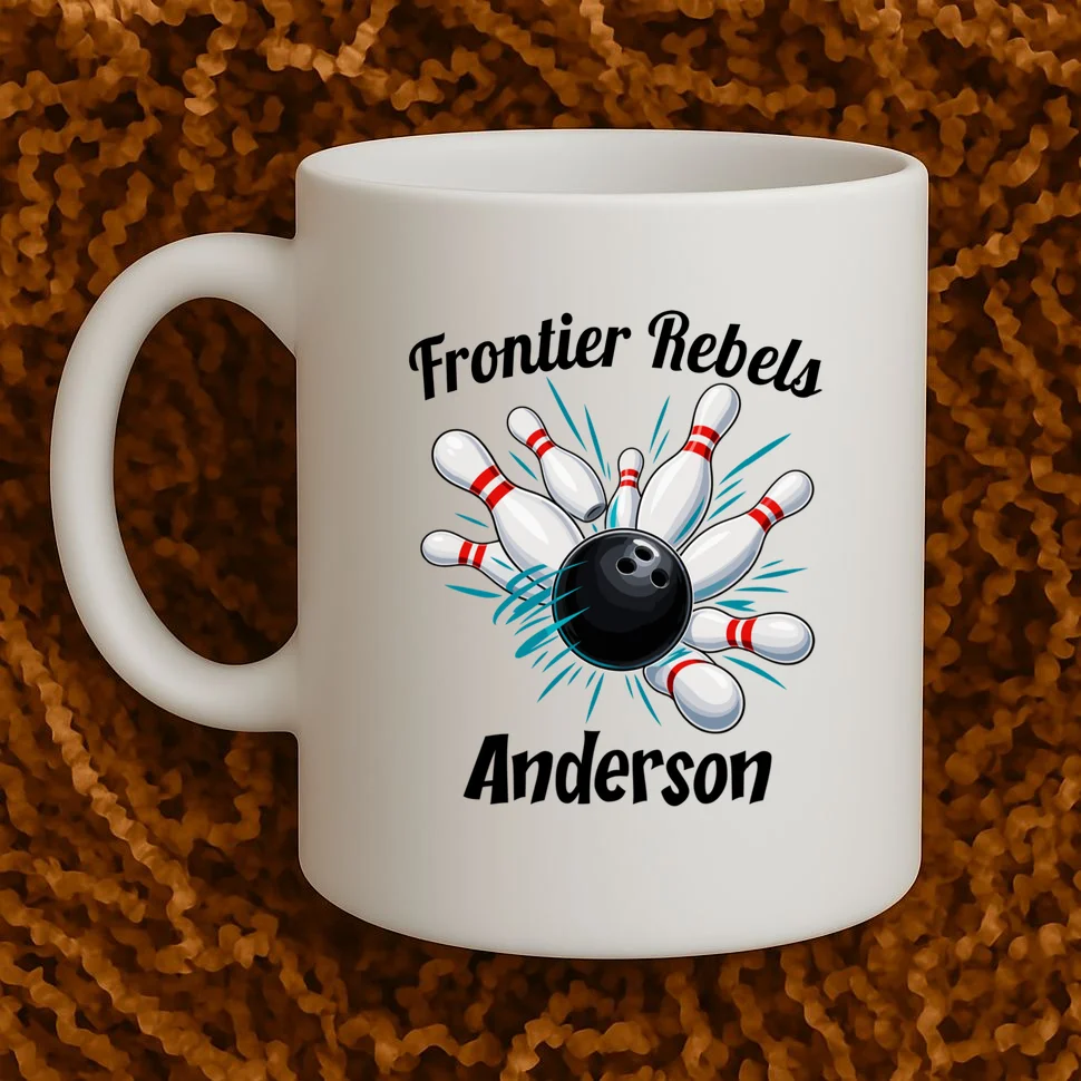 Flying Pins Strike Action - Custom Bowling Team & Player Name Mug - Front 1