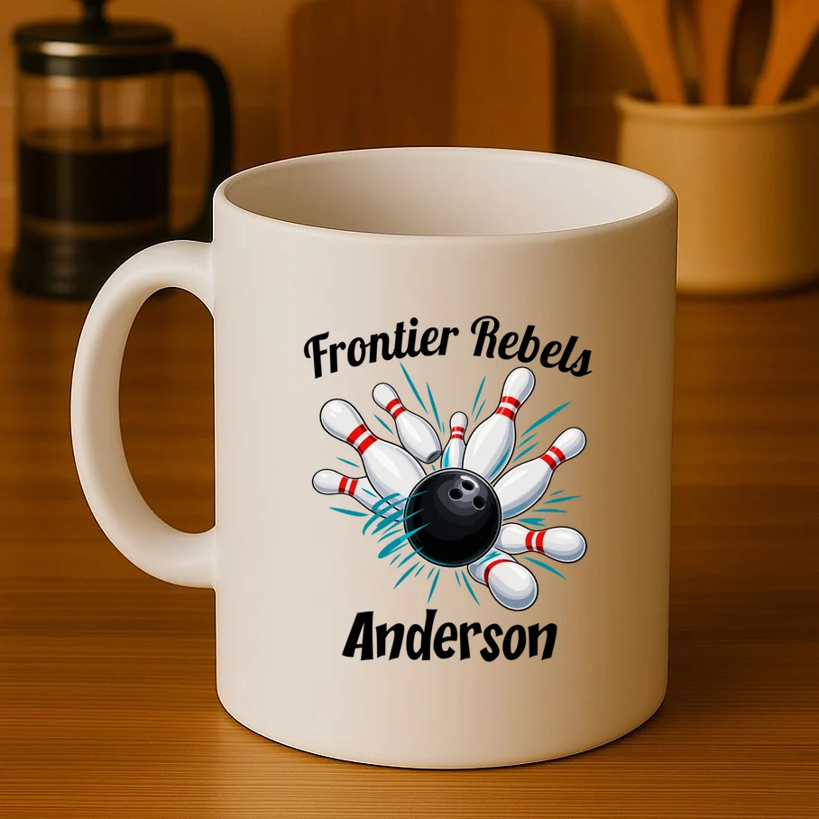 Flying Pins Strike Action - Custom Bowling Team & Player Name Mug - Front 3
