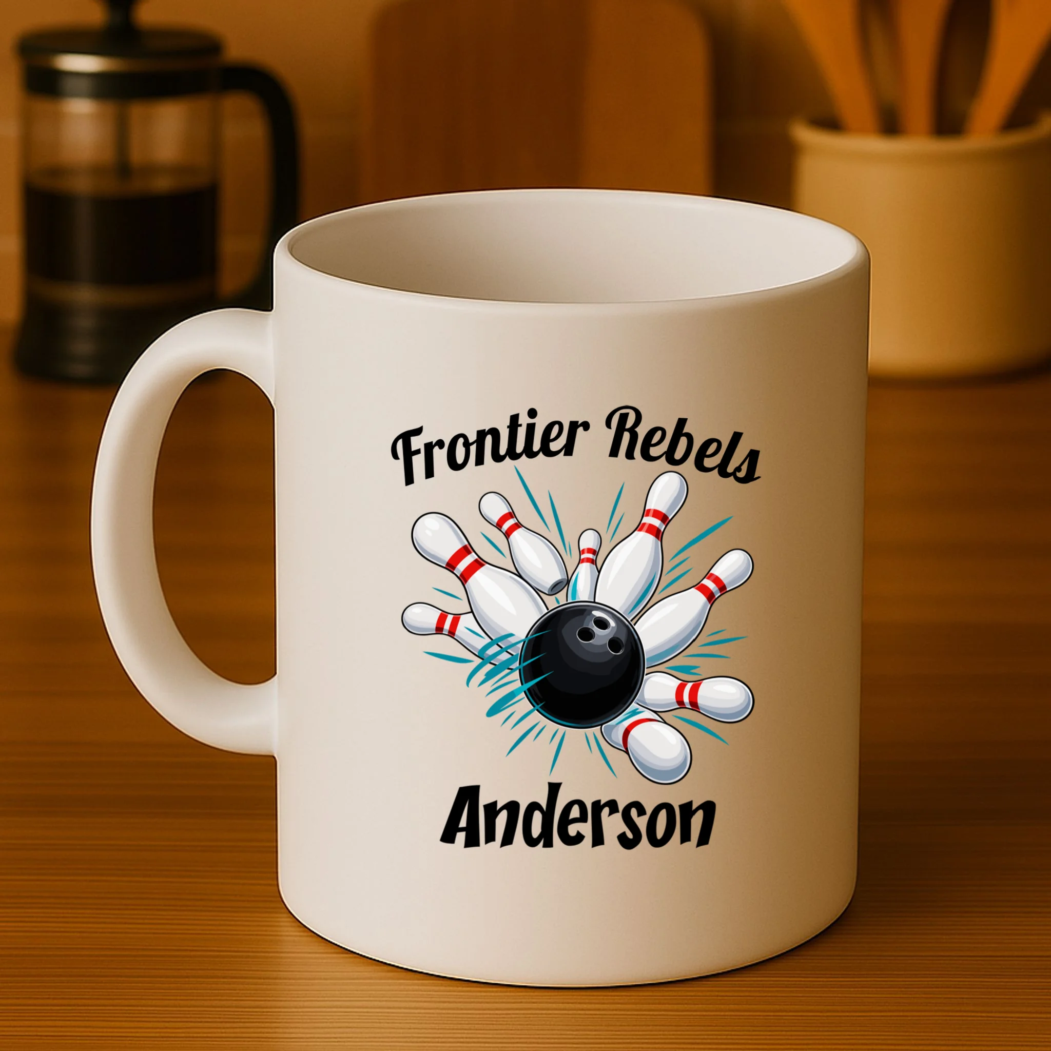 Flying Pins Strike Action - Custom Bowling Team & Player Name Mug - Front 3