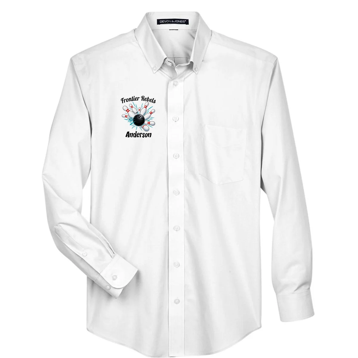 Flying Pins Strike Action - Custom Bowling Team & Player Name Men's Button Up - Front
