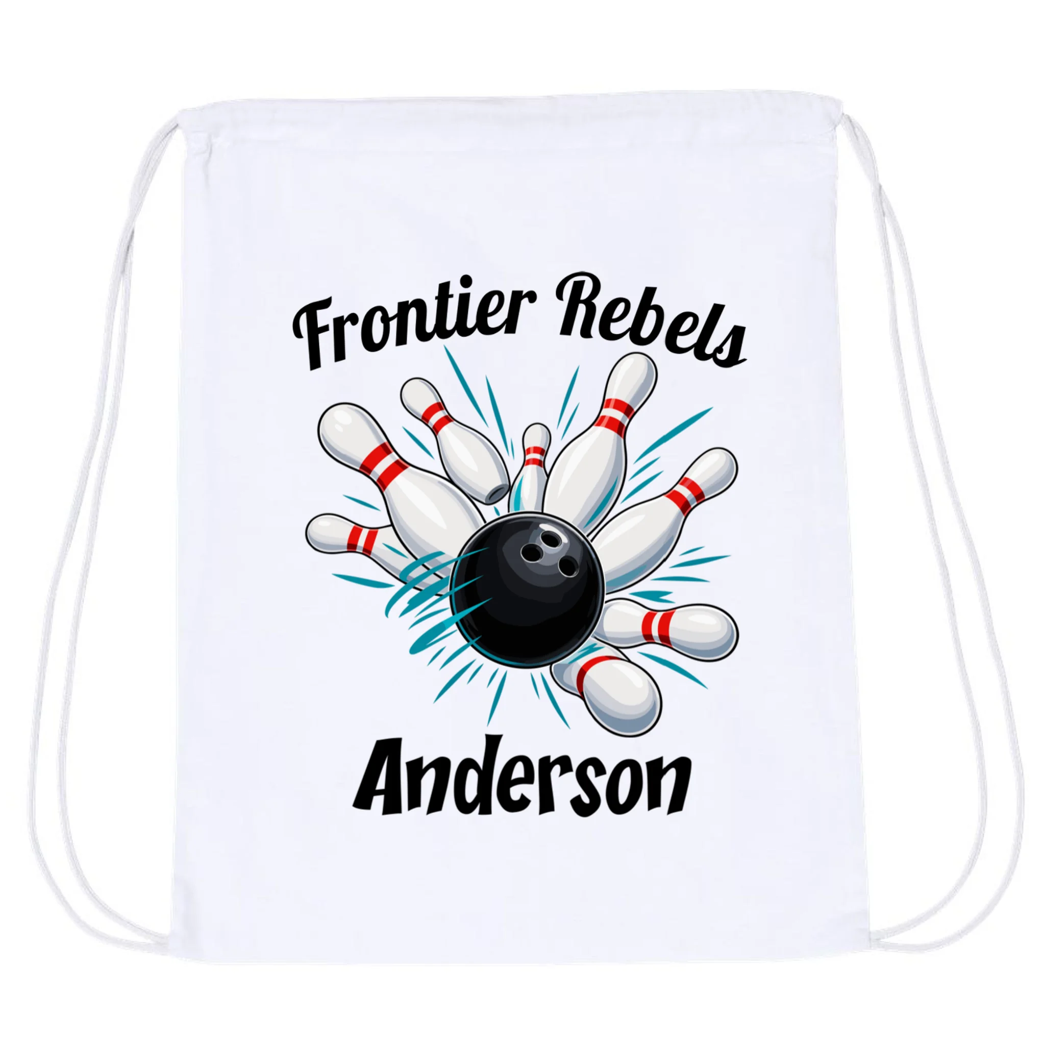 Flying Pins Strike Action - Custom Bowling Team & Player Name Drawstring Bag - Front