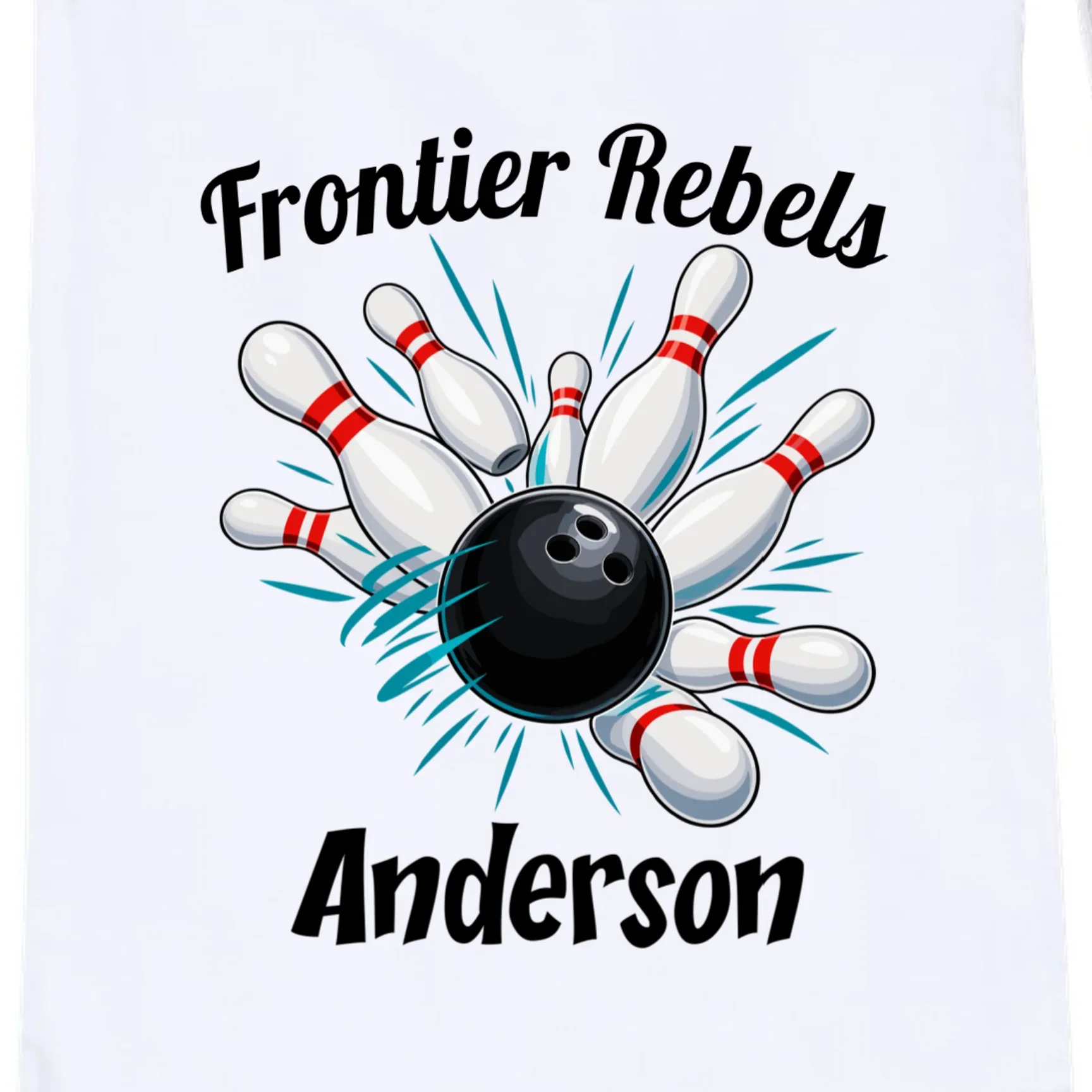 Flying Pins Strike Action - Custom Bowling Team & Player Name Drawstring Bag - Front - Close-up