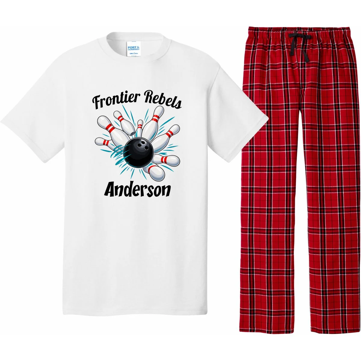 Flying Pins Strike Action - Custom Bowling Team & Player Name Men's Pajamas - Front